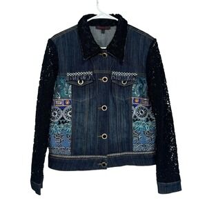 Mishca Embroidered Denim Jacket MEDIUM Lace Sleeve Boho‎ Artsy Crochet Festival